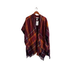 Nine West Plaid Fringe Poncho Cape Scarf Wrap Burgundy Orange Women One Size